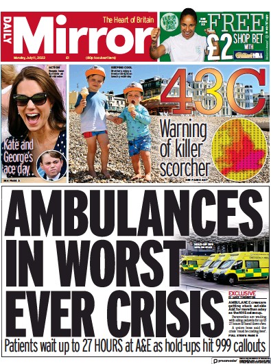 Daily Mirror Newspaper Front Page for 11 July 2022