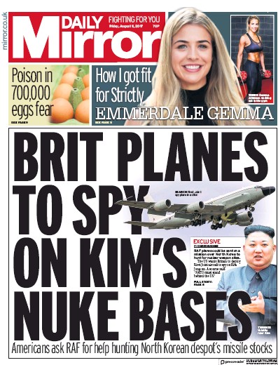 Daily Mirror Newspaper Front Page for 11 August 2017