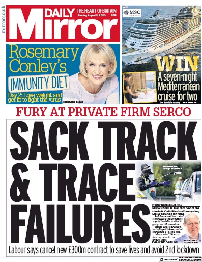 Daily Mirror Newspaper Front Page for 11 August 2020