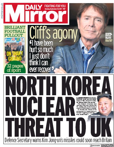 Daily Mirror Newspaper Front Page for 11 September 2017