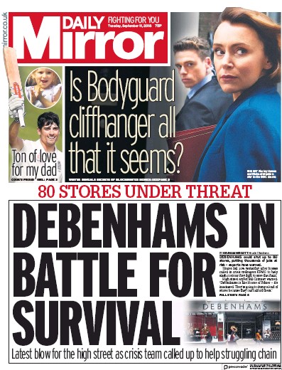 Daily Mirror Newspaper Front Page for 11 September 2018
