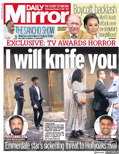 Daily Mirror Newspaper Front Page for 11 September 2019