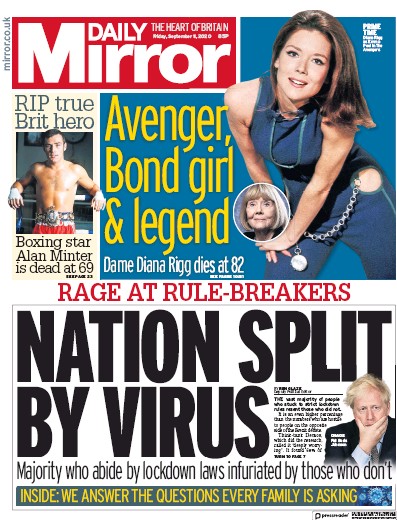 Daily Mirror (UK) Newspaper Front Page for 11 September 2020