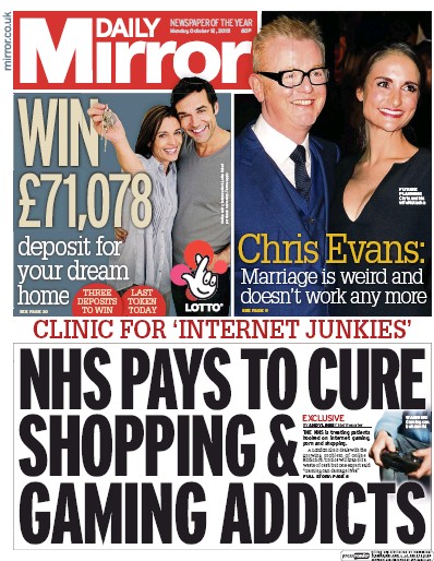 Daily Mirror Newspaper Front Page for 12 October 2015