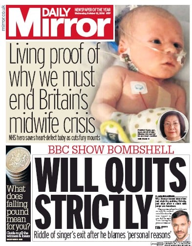Daily Mirror Newspaper Front Page for 12 October 2016