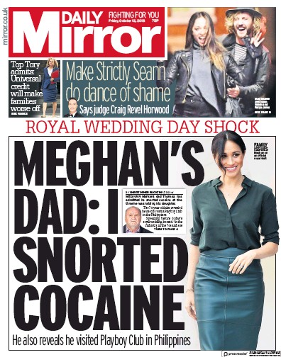 Daily Mirror Newspaper Front Page for 12 October 2018