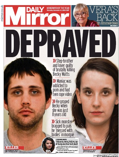 Daily Mirror Newspaper Front Page for 12 November 2015