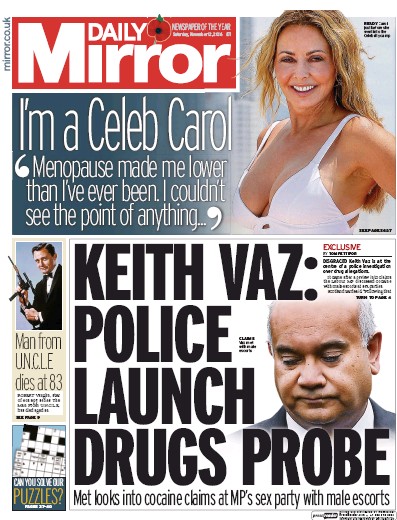 Daily Mirror Newspaper Front Page for 12 November 2016