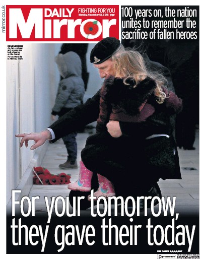 Daily Mirror Newspaper Front Page for 12 November 2018