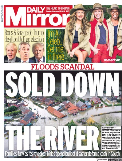 Daily Mirror Newspaper Front Page for 12 November 2019