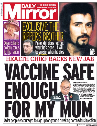 Daily Mirror Newspaper Front Page for 12 November 2020