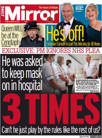 Daily Mirror (UK) Newspaper Front Page for 12 November 2021