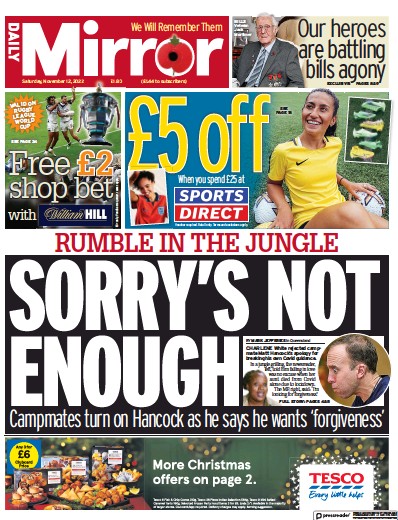 Daily Mirror (UK) Newspaper Front Page for 12 November 2022