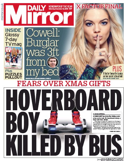 Daily Mirror (UK) Newspaper Front Page for 12 December 2015