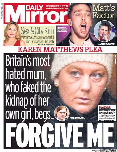 Daily Mirror Newspaper Front Page for 12 December 2016