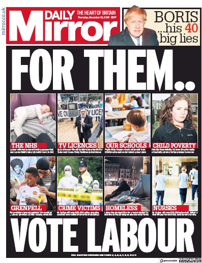 Daily Mirror Newspaper Front Page for 12 December 2019