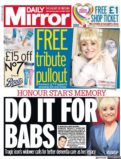 Daily Mirror Newspaper Front Page for 12 December 2020