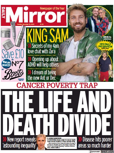 Daily Mirror Newspaper Front Page for 12 December 2023