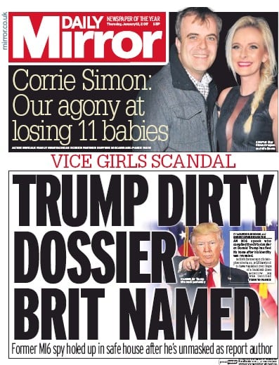 Daily Mirror Newspaper Front Page for 12 January 2017