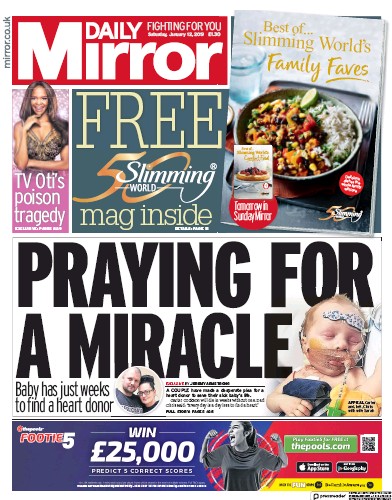 Daily Mirror Newspaper Front Page for 12 January 2019