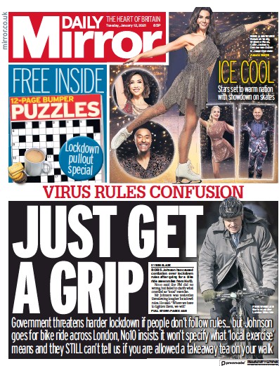 Daily Mirror Newspaper Front Page for 12 January 2021