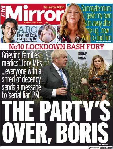 Daily Mirror (UK) Newspaper Front Page for 12 January 2022
