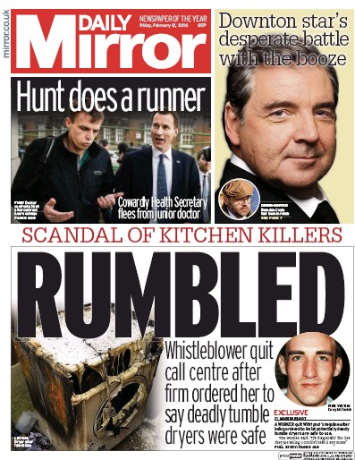 Daily Mirror Newspaper Front Page for 12 February 2016