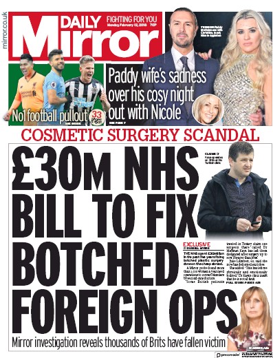 Daily Mirror Newspaper Front Page for 12 February 2018