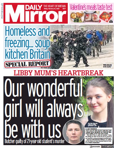 Daily Mirror Newspaper Front Page for 12 February 2021