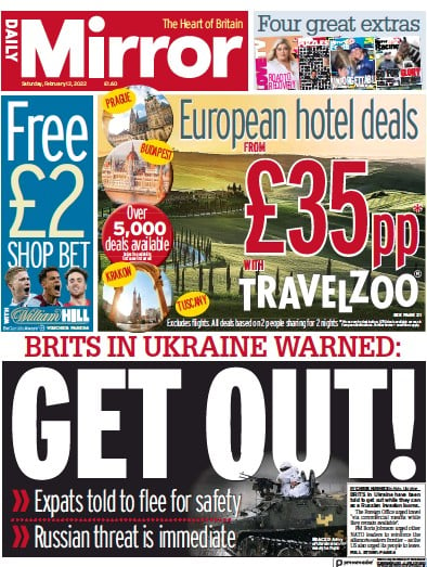 Daily Mirror (UK) Newspaper Front Page for 12 February 2022