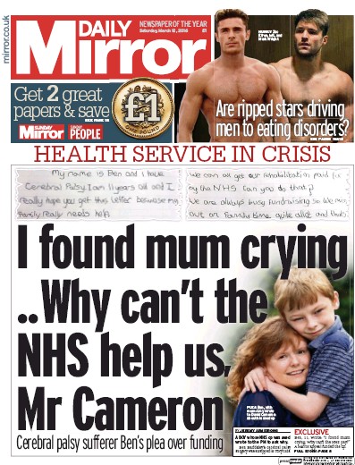Daily Mirror Newspaper Front Page for 12 March 2016