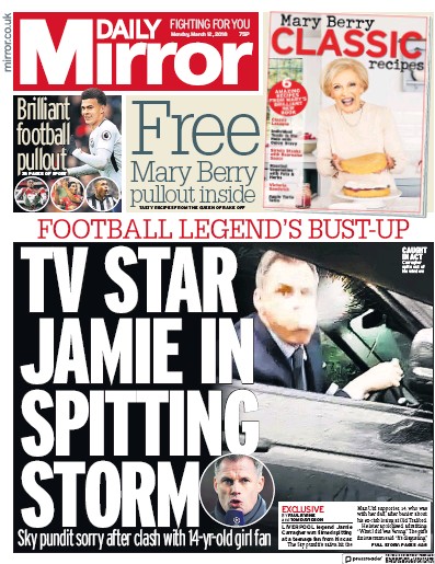 Daily Mirror Newspaper Front Page for 12 March 2018