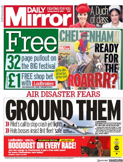 Daily Mirror Newspaper Front Page for 12 March 2019