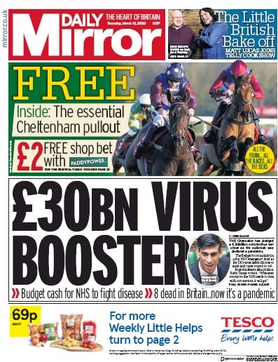Daily Mirror Newspaper Front Page for 12 March 2020