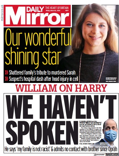 Daily Mirror (UK) Newspaper Front Page for 12 March 2021