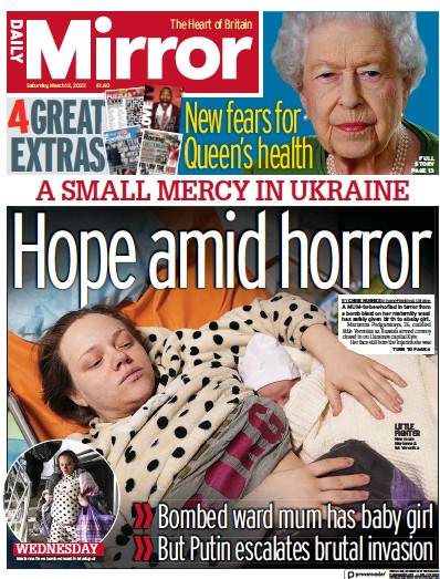 Daily Mirror Newspaper Front Page for 12 March 2022