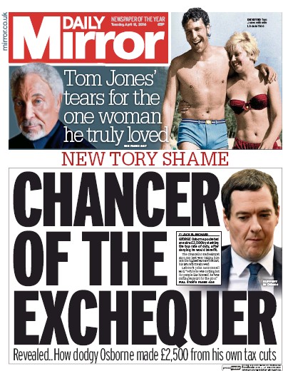 Daily Mirror Newspaper Front Page for 12 April 2016