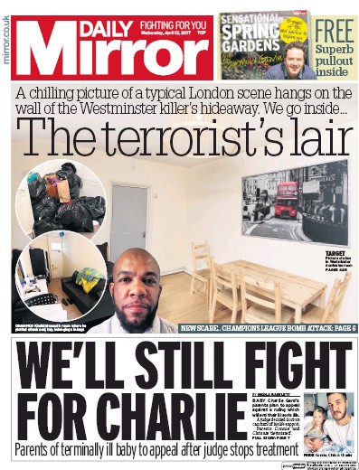 Daily Mirror Newspaper Front Page for 12 April 2017