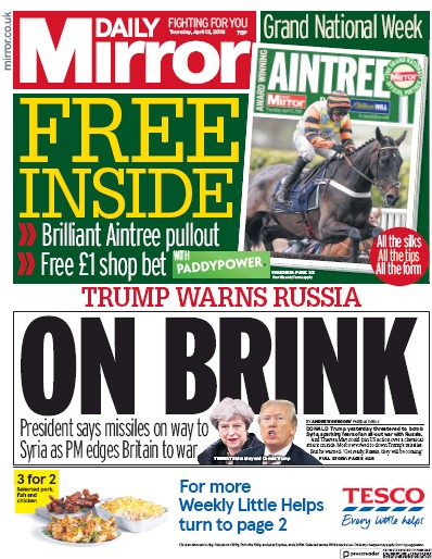 Daily Mirror Newspaper Front Page for 12 April 2018