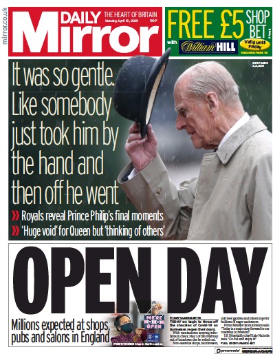 Daily Mirror (UK) Newspaper Front Page for 12 April 2021