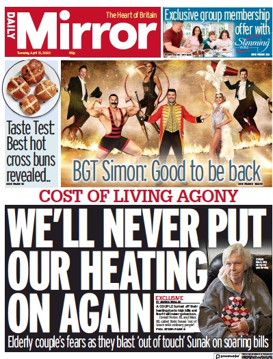 Daily Mirror Newspaper Front Page for 12 April 2022