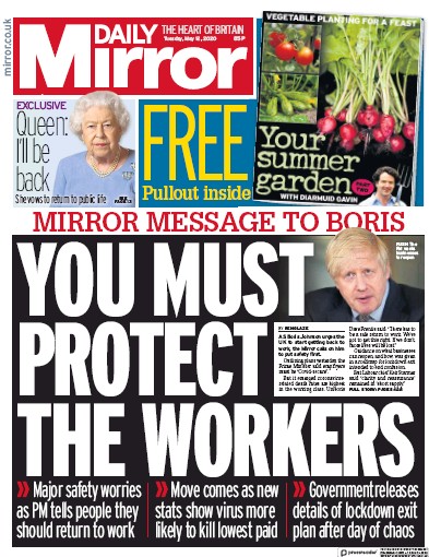 Daily Mirror Newspaper Front Page for 12 May 2020