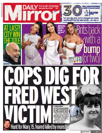 Daily Mirror Newspaper Front Page for 12 May 2021