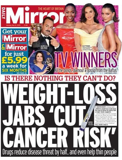 Daily Mirror (UK) Newspaper Front Page for 12 May 2025