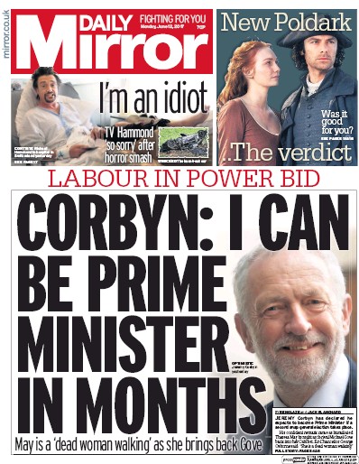 Daily Mirror (UK) Newspaper Front Page for 12 June 2017