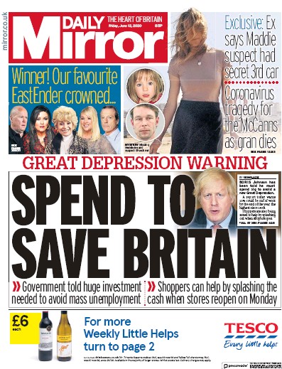 Daily Mirror Newspaper Front Page for 12 June 2020