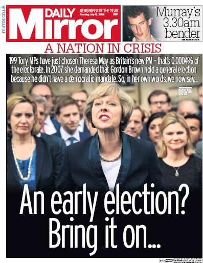 Daily Mirror Newspaper Front Page for 12 July 2016