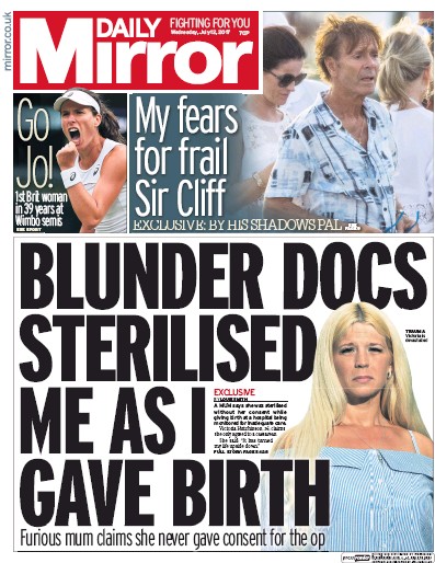 Daily Mirror Newspaper Front Page for 12 July 2017