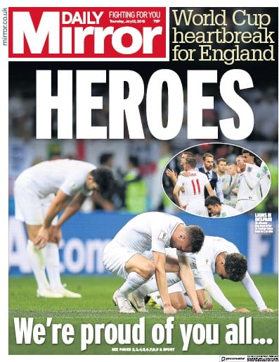 Daily Mirror Newspaper Front Page for 12 July 2018