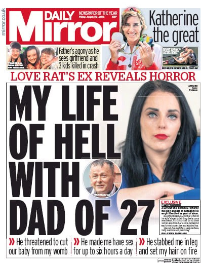 Daily Mirror Newspaper Front Page for 12 August 2016